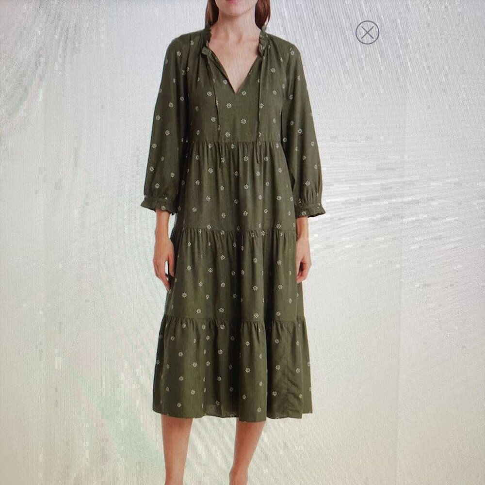 Madewell Forest Green Printed Tiered Midi Dress